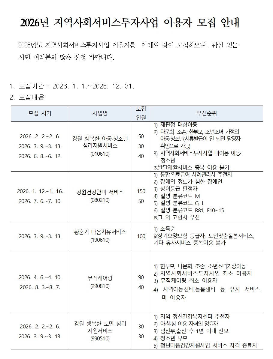 2026년 지역사회서비스투자사업(바우처) 이용자 모집 안내 이미지 2