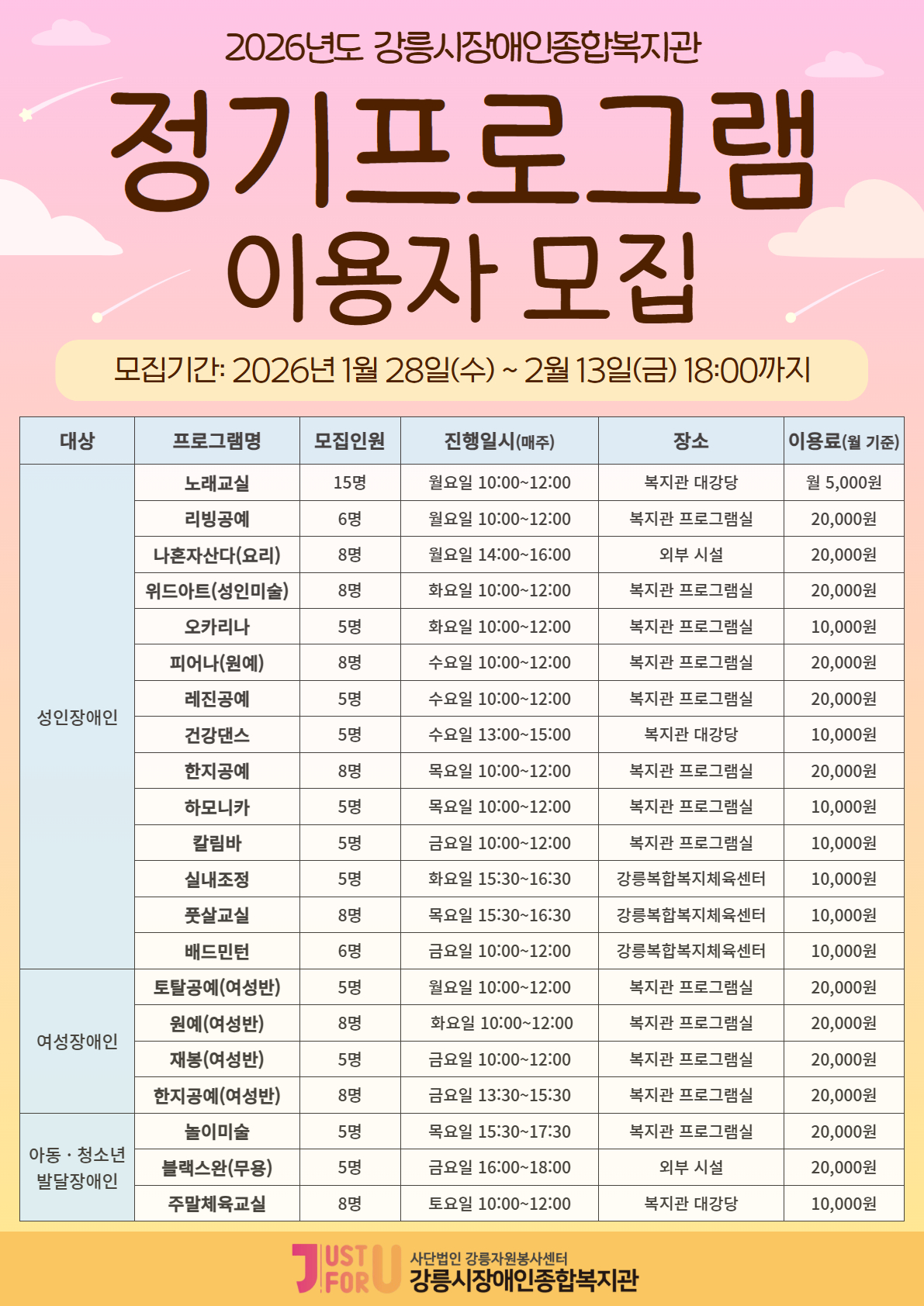 2026년 강릉시장애인종합복지관 정기프로그램 이용자 모집 이미지 2