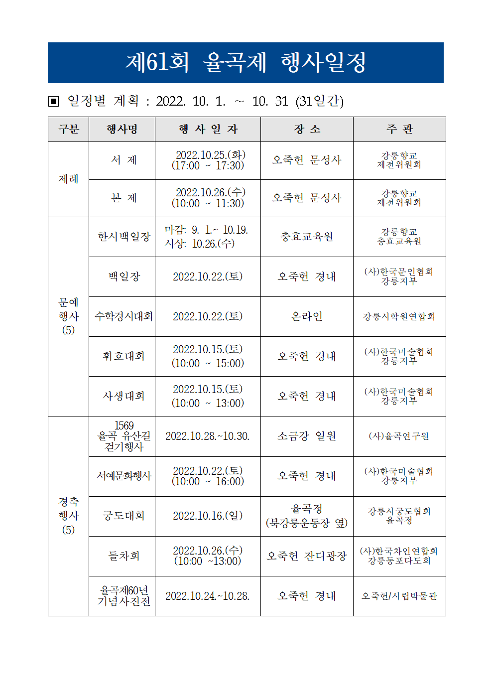 제61회 대현율곡이선생제 봉행 및 행사 일정 안내 이미지 1