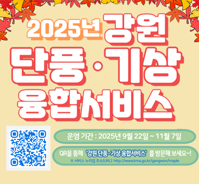 2025년 강원 단풍 · 기상 융합서비스
운영기간 : 2025년 9월 22일 ~ 11월 7일
QR을 통해 '강원단풍 · 기상융합서비스'를 방문해 보세요~
※ 서비스 누리집 주소(URL) : http://www.kma.go.kr/gangwon/maple