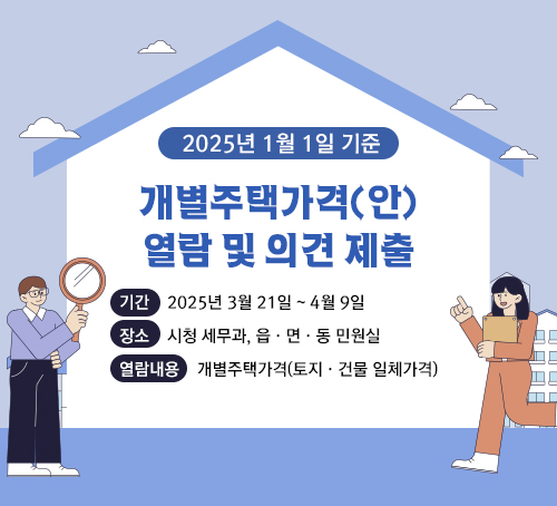 2025년 1월 1일 기준 개별주택가격(안) 열람 및 의견 제출
기간 : 2025년 3월 21일 ~ 4월 9일
장소 : 시청 세무과, 읍·면·동 민원실
열람내용 : 개별주택가격(토지·건물 일체가격)