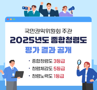 국민권익위원회 주관 2025년도 종합청렴도 평가 결과 공개
종합청렴도 3등급
청렴체감도 5등급 
청렴노력도 1등급