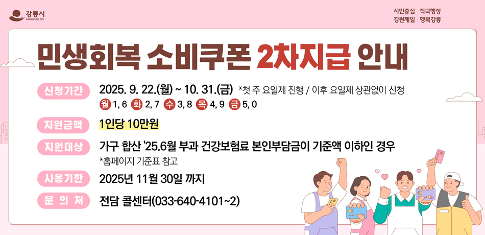 민생회복 소비쿠폰 2차지급 안내
신청기간 : 2025.9.22.(월)~10.31.(금)
* 첫 주 요일제 진행 / 이후 요일제 상관없이 신청
월 1,6 화 2,7 수 3,,8 목 4,9 금 5,0
지원금액 : 1인당 10만원
지원대상 : 가구 합산 '25.6월 부과 건강보험료 본인부담금이 기준액 이하의 경우
* 홈페이지 기준표 참고
사용기한 : 2025년 11월 30일 까지
문의처 : 전담 콜센터(033-640-4101~2)