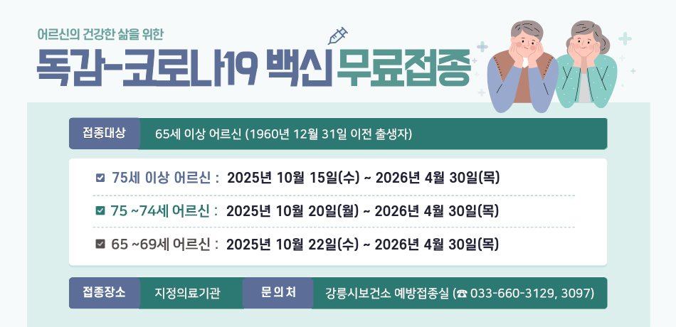 어르신의 건강한 삶을 위한
독감-코로나19 백신 무료접종

접종대상 : 65세 이상 어르신(1960년 12월 31일 이전 출생자)
-75세 이상 어르신 : 2025년 10월 15일(수) ~ 2026년 4월 30일(목)
-70~74세 어르신 : 2025년 10월 20일(월) ~ 2026년 4월 30일(목)
-65 ~ 69세 어르신 : 2025년 10월 22일(수) ~ 2026년 4월 30일(목)

접종장소 : 지정의료기관
문의처 : 강릉시보건소 예방접종실(☎ 033-660-3129, 3097)