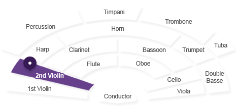 제2바이올린 위치 : 지휘자 기준 왼쪽 제1바이올린 바로 오른쪽에 있습니다.