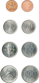 Images of 4 coins currently in circulation: 10 won, 50 won, 100 won, and 500 won