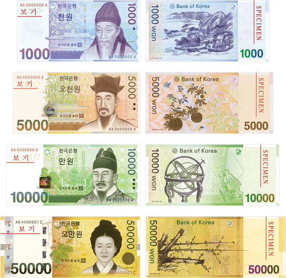 Images of 4 banknotes currently in circulation: KRW 1,000, KRW 5,000, KRW 10,000, and KRW 50,000