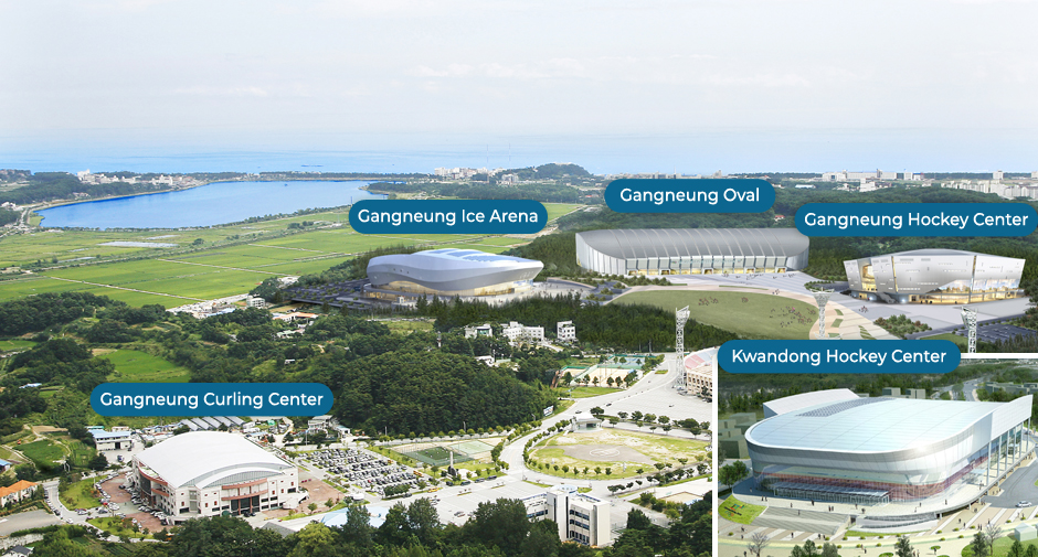 Gangneung Curling Center, Gangneung Ice Arena, Gangneung Oval, Gangneung Hockey Center, Kwandong Hockey Center