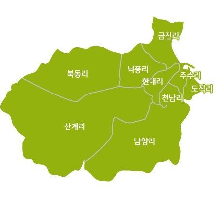 옥계면 현황도-북동리, 산계리, 낙풍리, 현내리, 천남리, 남양리, 금진리,주수리, 도직리가 있습니다.